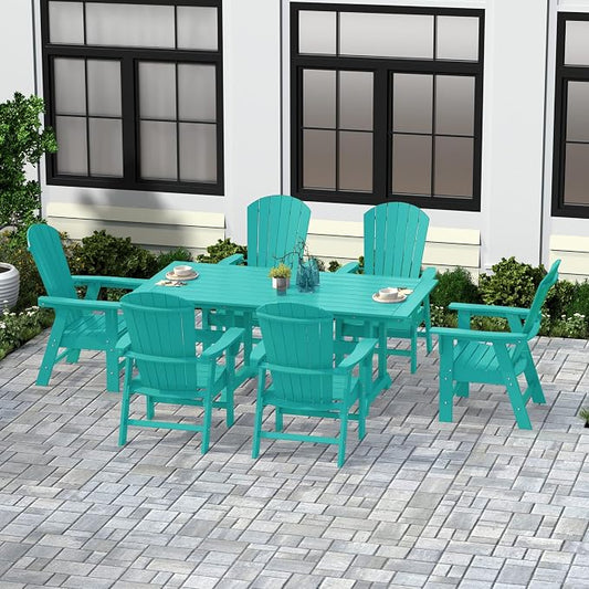 WestinTrends Dylan Adirondack Outdoor Dining Set for 6, All Weather Poly Lumber Patio Table and Chairs Set of 6, 71" Trestle Outdoor Table and Seashell Adirondack Dining Chair, Turquoise
