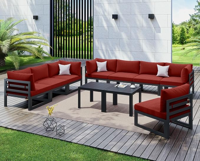 NICESOUL 8 Person Modern Aluminum Patio Furniture Set, 500 lbs Heavy Duty Sturdy Outdoor Sectional Sofa, 29" Deep Wide Large Seating, L Shaped Modular Conversation Couch for Garden Backyard, Burgundy