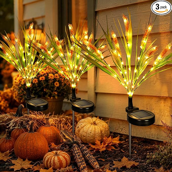 GIGALUMI 3 Pack Solar Wheats Outdoor Fall Decor, 2 Modes, Yellow | Flower Lights, IP65 Waterproof, Auto On/Off, Solar Powered, Garden Decor, for Pathway, Yard, Patio, Gardening Gifts for Women