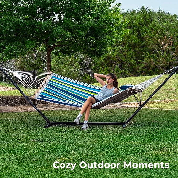 SUPERJARE Hammock with Stand, 2 Person Quilted Outdoor Hammock, Detachable Pillow & Bamboo Spreaders, Portable Hammock with Carrying Bag, Heavy Duty Stand, Perfect for Outside, Patio, Dark Cyan