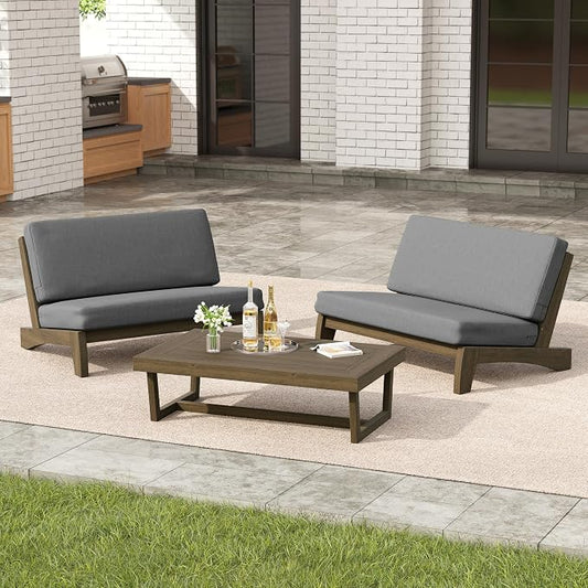 3 Pieces Patio Furniture Sets, All-Weather Outdoor Wood Bistro Set Patio Conversation Coffee Table Chiars and Patio Loveseat for Balcony, Backyard