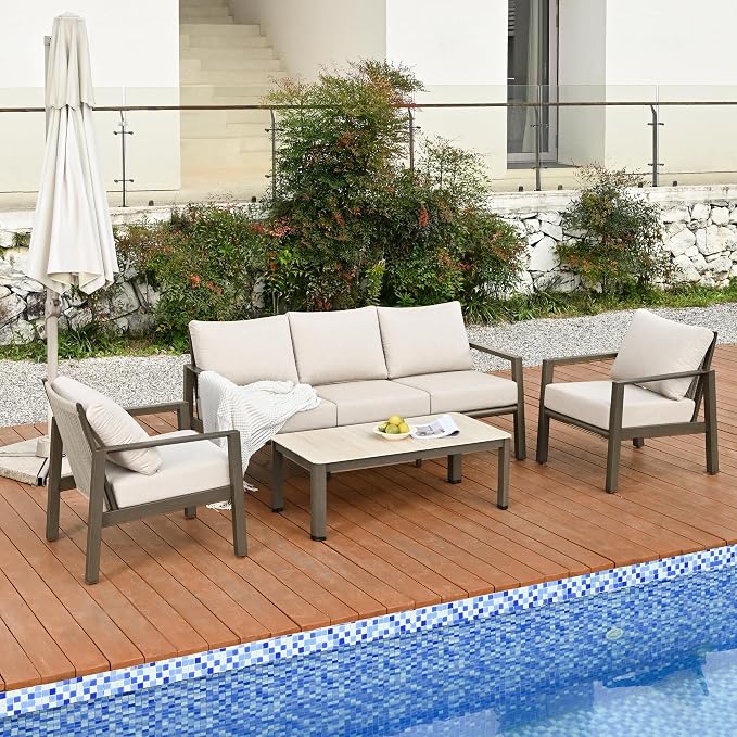 HAPPATIO Patio Conversation Set, 4-Piece Aluminum Oversized Patio Furniture Set with Rope Woven Backrest, 2 Chairs and 3-Seat Sofa with Thick Cushion, Hand-Brushed Frame for Yard, Porch, Balcony