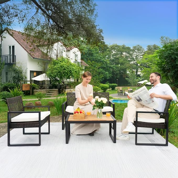 BEEFURNI Wicker Patio Furniture Outdoor Conversation Set of 4, Rattan Outdoor Furniture Set, Acacia Wood Table, 2 Chairs, 1 Loveseat, 2” Cushions, All Weather Set for Patio, Porch, Balcony (Black)