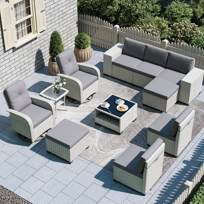11-Piece Outdoor Patio Furniture Set, Modular Sectional Sofa Set with Swivel Rocker Chairs & Ottomans, Wicker Outdoor Couch Conversation Sets w/Coffee Table and Cushions, Gray