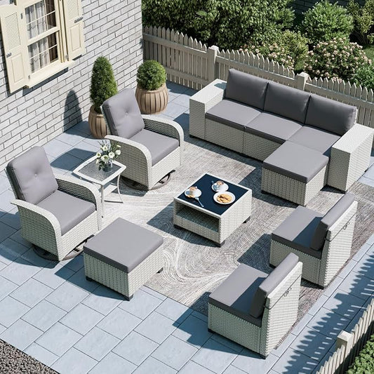 11-Piece Outdoor Patio Furniture Set, Modular Sectional Sofa Set with Swivel Rocker Chairs & Ottomans, Wicker Outdoor Couch Conversation Sets w/Coffee Table and Cushions, Gray