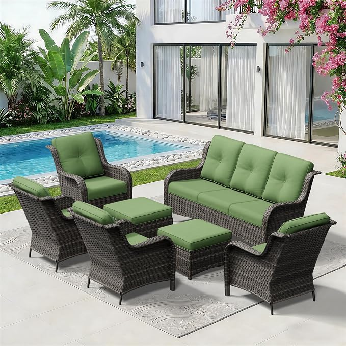 7 Piece Outdoor Wicker Patio Furniture Set, Patio Chairs Set with Thickened Olefin Cushions, High Back and Deep Seating, Hand-Woven PE Rattan, Ottoman for Porch, Deck