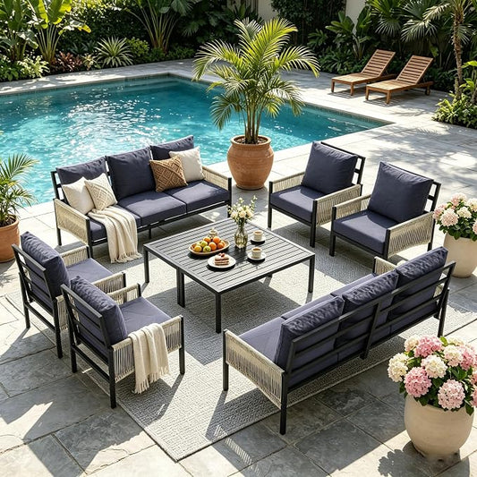 AECOJOY Aluminum Patio Sectional Furniture Set, 10-Seat, Dark Blue | 8-Piece Set, Coffee Central Table, Outdoor Conversation Set, Porch & Deck Use