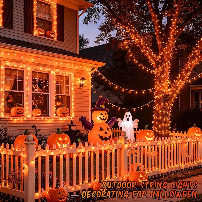 JMEXSUSS Orange String Lights for Halloween, 600 LED Fall Lights Outdoor | Orange Christmas Lights Plug in with Remote, Thanksgiving Day Lights Clear Wire for Indoor Room Yard Tree Fall Decor