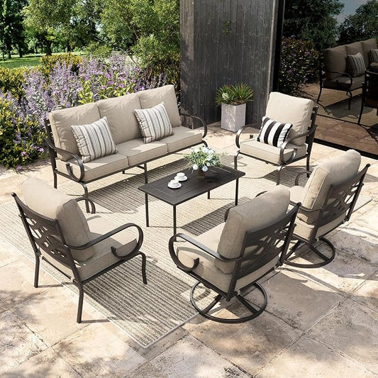 Sophia & William Patio Conversation Set for 7, 3-Seater Sofa, 2 Fixed Chairs, 2 Swivel Chairs and a Coffee Table, Metal Outdoor Furniture with 5.75" Extra Thick Cushions, Beige