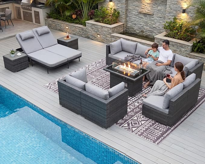 NICESOUL 13 Piece Outdoor Wicker Patio Furniture with Fire Pit, Oversized Grey Outdoor Seating Set with Fire Pit Table & Chaise Lounge, 29.3" High Back Sectional Couch Sets for Tall/Big Person