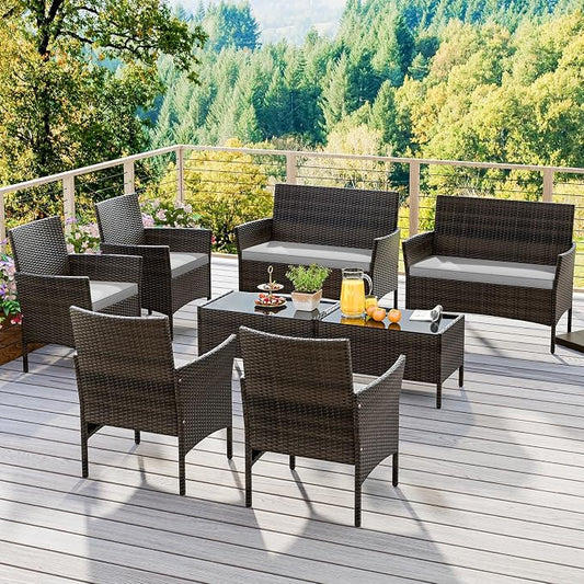 KOTEK 8 Piece Patio Furniture Set, Wicker Patio Set with Loveseat, Wicker Chairs, Tempered Glass Coffee Table, Outdoor Rattan Conversation Set for Backyard, Porch (Grey)