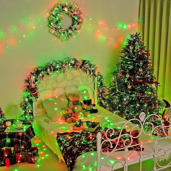 JMEXSUSS 600 LED Christmas String Lights Outdoor, Red White and Green | Christmas Tree Lights Clear Wire, Halloween Lights Plug in for Outside Tree Xmas Decorations, Remote with Timer, 8 Modes