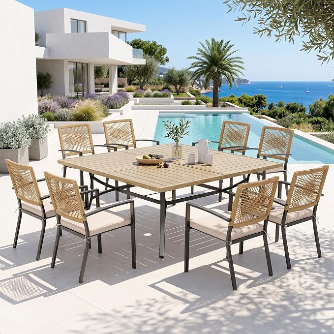 PHI VILLA 9pc Patio Dining Set, 57" Square Table, Wicker Chairs | Outdoor Dining Set for 8, Square Wood-like Patio Dining Table Set with Patio Wicker Chairs for Garden, Porch, Deck