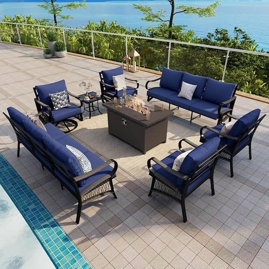 8-Piece Outdoor Furniture Set, Metal Swivel Rocking Chairs with All-Weather Cushions, Patio Conversation Set with Fire Pit Table for Deck, Porch, Garden, Backyard, Poolside (Blue Cushions)