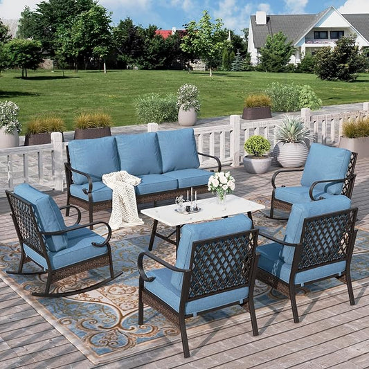 HERA'S HOUSE 6 Piece Metal Patio Furniture Set, All Weather Outdoor Conversation Set with 3-Seat Sofa, 2 Rocking Chairs, 2 Fixed Chairs & Coffee Table, 7 Seats for Backyard, Garden, Deck, Navy Blue