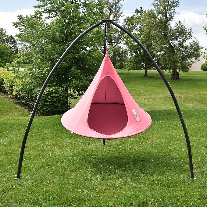 Single Cacoon Hanging Chair – Cozy Indoor/Outdoor Hammock with Polyester Canvas, 440 lb Capacity, Includes 18ft Rope & Carabiner (Coral Rose)