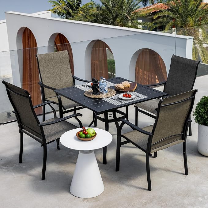 Sour Citrus 37" Outdoor Square Metal Patio Dining Table for 4 with 1.57" Umbrella Hole and Adjustable Feet, Weather-Resistant Steel Slat Table for Garden, Backyard, Balcony, or Deck, Black
