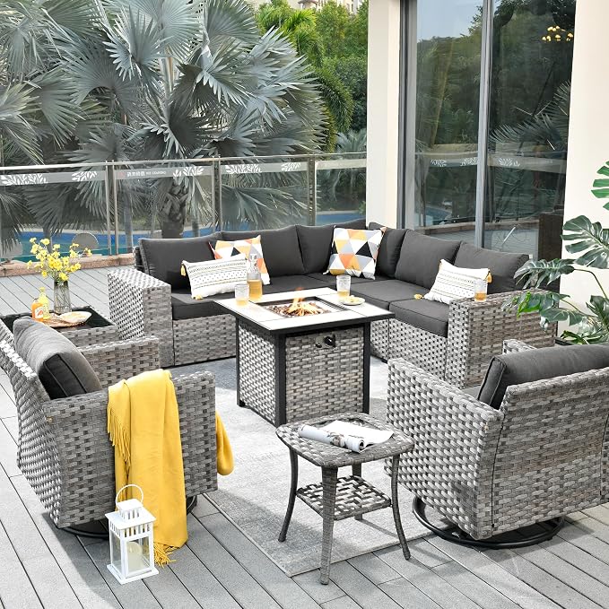 HOOOWOOO 10 Piece Modular Patio Outdoor Sectional Furniture Set with Gas Propane Fire Pit Table,Wicker Conversation Sofa Set with Swivel Chairs,Outside Couch Set(Black)