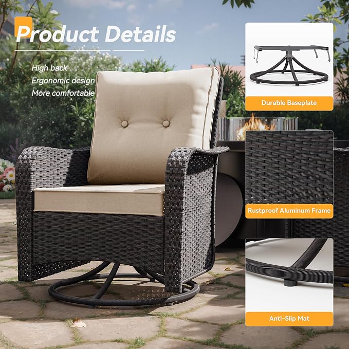 Kurapika 5 Pieces Patio Furniture Set, Rattan Wicker Outdoor Conversation Sets, 4 Woven Rattan Swivel Chairs w/48in Propane Fire Pit Table and Thickened Cushions, Sand