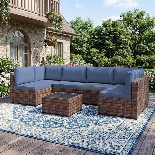 LHBcraft Patio Furniture Set,7 Pieces Outdoor Wicker Rattan Patio Furniture with Rain Cover, Wicker Rattan Outdoor Sectional Sofa Set with Coffee Table for Garden, Taupe-Blue