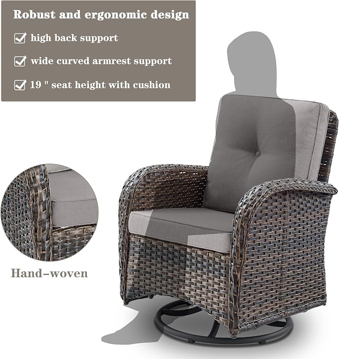 Belord Small Conversation Sets Patio Funiture - 5 Piece Outdoor Swivel Rocker Wicker Furniture Sets with Ottomans Side Table Perfect for Patio Deck Backyard, Brown Wicker Grey Cushion