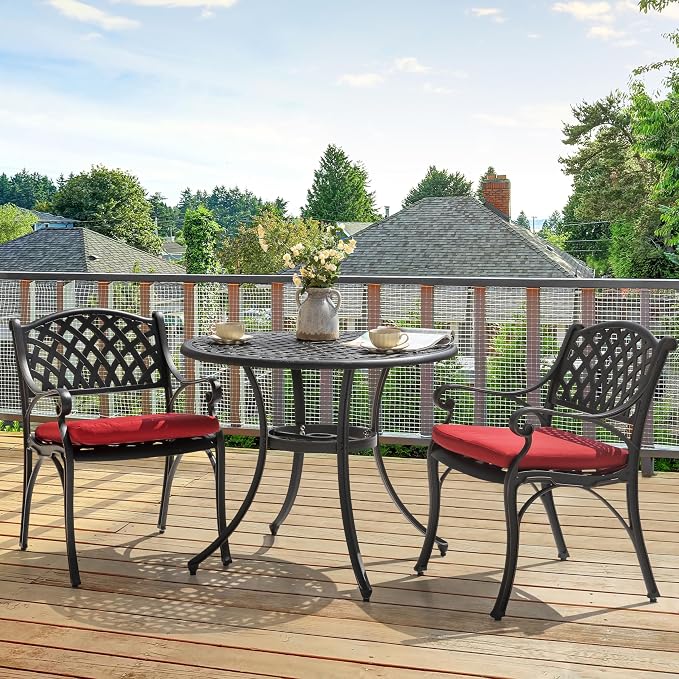 NUU GARDEN 35 Inch Patio Dining Table with Umbrella Hole, Outdoor Cast Aluminum Bistro Table, Black with Antique Bronze at The Edge
