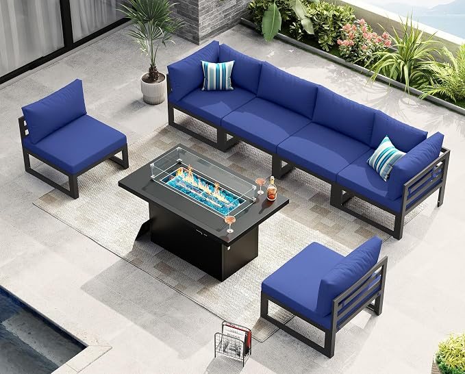 NICESOUL 7 Piece Large Modern Aluminum Outdoor Sofa with Fire Pit Table, 29" Deep Wide Seat, 500 lbs Durable Sectional Set for Heavy People, Water Resistant Patio Furniture Set for Garden, Navy Blue