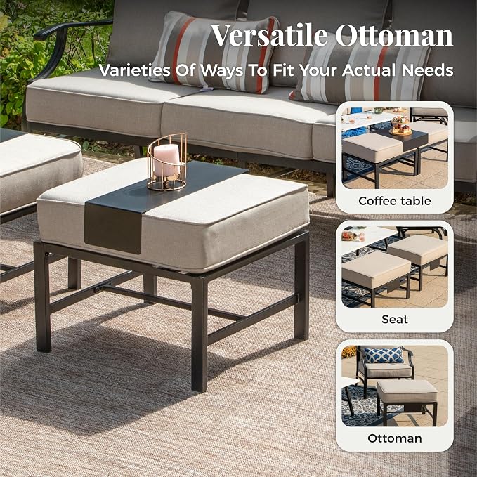 MIXPATIO Patio Furniture Set, 6 Pcs Metal Outdoor Conversation Set, 2 Single Chairs, 2 Ottomans and 3 Seater Sofa with 5.75" Extra Thick Cushion and Gas Fire Pit Table, Beige