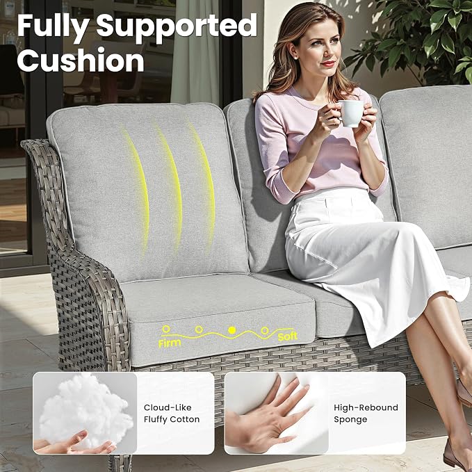 ovios 7-Piece Patio Furniture Set with Swivel Chairs Side Table, Outdoor Wicker Sofa with 42" Fire Pit Table, High Back Couch Modern Conversation Sets, Grey/Grey