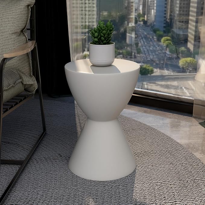 LeisureMod Loft Series White Fiberstone Side Table - Modern Hourglass Round Pedestal - 18-inch Weather-Resistant Accent for Outdoor Patio and Indoor Living Room Decor