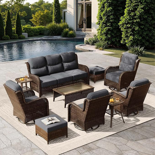 HILLGA Luxury Outdoor Patio Furniture Set with 6-Inch Thick Cushions, High Back Wicker Swivel Rocker Chairs, 10 Pcs All Weather Furniture Set for Large Deck, Yard and Poolside, Gray (V3)