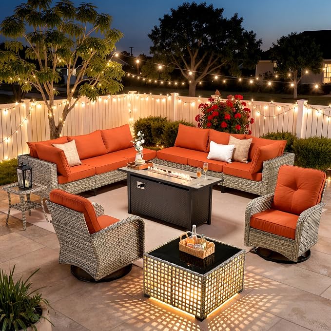 11 Piece Patio Furniture Set Outdoor Sectional with 54" Fire Pit Table, Wicker Swivel Rocking Chairs and L-Shaped Rattan Couch, Modular Conversation Set with Solar Coffee Table for Backyard, Orange