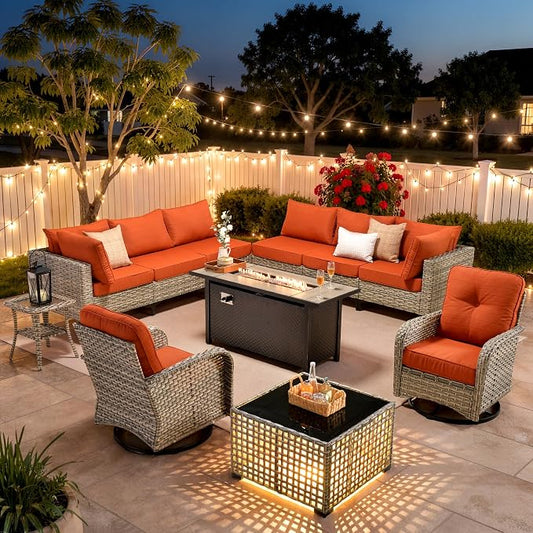 11 Piece Patio Furniture Set Outdoor Sectional with 54" Fire Pit Table, Wicker Swivel Rocking Chairs and L-Shaped Rattan Couch, Modular Conversation Set with Solar Coffee Table for Backyard, Orange