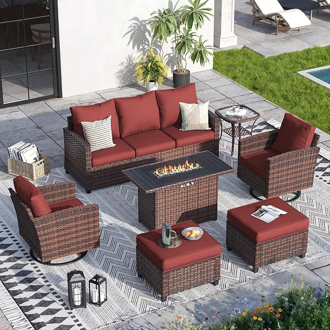 7 Pcs Outdoor Furniture with 44" Fire Pit Table, Rattan Patio Conversation Sets with Swivel Chair, Gas Fire Pit, Ottomans, Side Table, 4" Thick Cushion, for Backyard Garden Deck,Wine Red