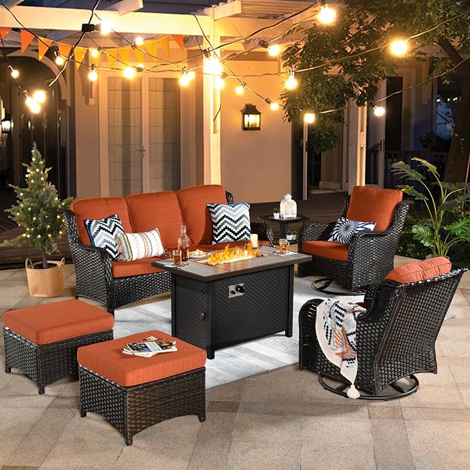 ovios 7 Pieces Patio Furniture Set with 42 inch Fire Pit Table, Outdoor Wicker Sofa Couch Swivel Rocking Glider Chairs, Modern Luxury Conversation Set, Brown Wicker, Orange Red