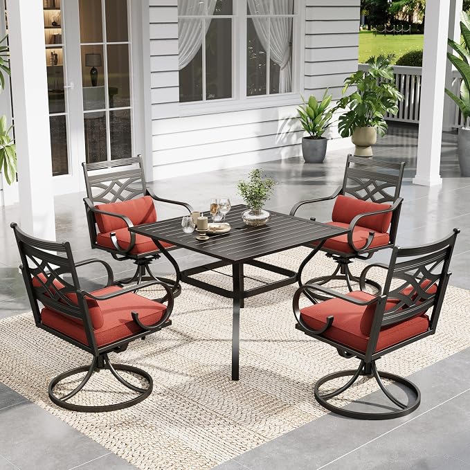 Sophia & William Patio Dining Set, Steel, Black | Umbrella Hole, Swivel Chairs, E-Coated, Cushions Included, For Patio, Garden and Yard