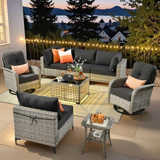 8 Pieces Wicker Patio Furniture Set,Outdoor Sectional Sofa with Swivel Chairs Coffee Table,Outside Deep Seat Rattan Couch Conversation Set,Black