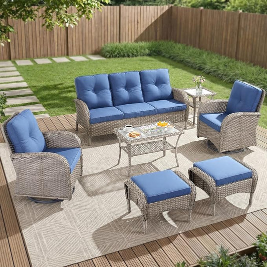 7 Piece Patio Furniture Set - Wicker Patio Conversation Set with Swivel Glider, 3 Seat Sofa, 2 Ottomans, Glass Side Table and Coffee Table for Deck Backyard - Grey Wicker Blue Cushion