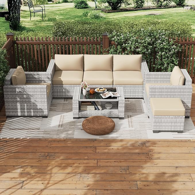 KIGOTY Patio Furniture Set 7 PCS Patio Conversation Sets, All-Weather PE Rattan Outdoor Sectional Sofa with Cushion and 2- Tier Glass Coffee Table（Grey White/Grey）