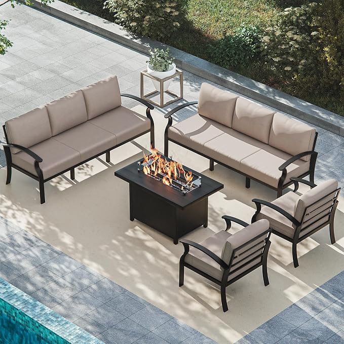 ALAULM Aluminum Patio Furniture Set with Propane Fire Pit Table 8-seat Metal Outdoor Furniture w/Fire Pit Patio Conversation Set w/5.1" Cushions for Patio, Backyard, Poolside-Sand