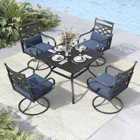 MFSTUDIO 5-Piece Patio Dining Set, 37" Square Metal Table, Swivel Chairs | Umbrella Hole, Blue, Seats 4