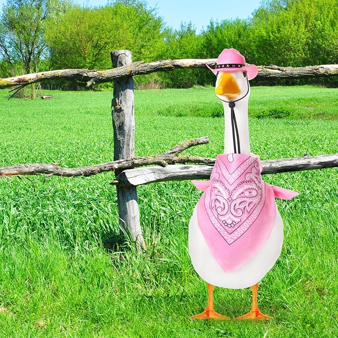 Shyyween Western Cowboy Porch Goose Outfits for 23"/ 17'' Lawn Cement Goose Statue Clothes Cowboy Hat with Bandana Scarf(Pink)