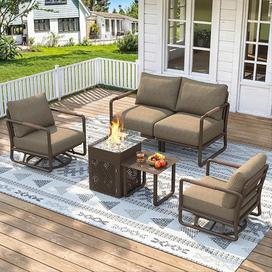 Outdoor 4-Seat Conversation Set with 2 Swivel Rocking Chairs, 45000 BTU Fire Pit Table & Glass Wind Guard - Brown