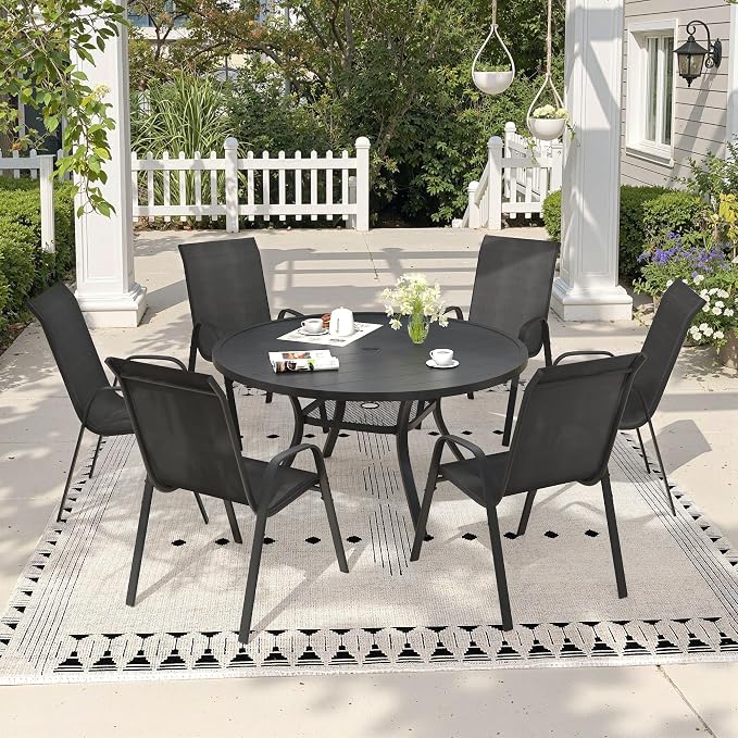 7 Pieces Outdoor Dining Set, 47.2" Round Table with Umbrella Hole & Stackable Patio Dining Chairs, Patio Table and Chairs Set for Deck Garden Porch, Black Chairs & Black Table
