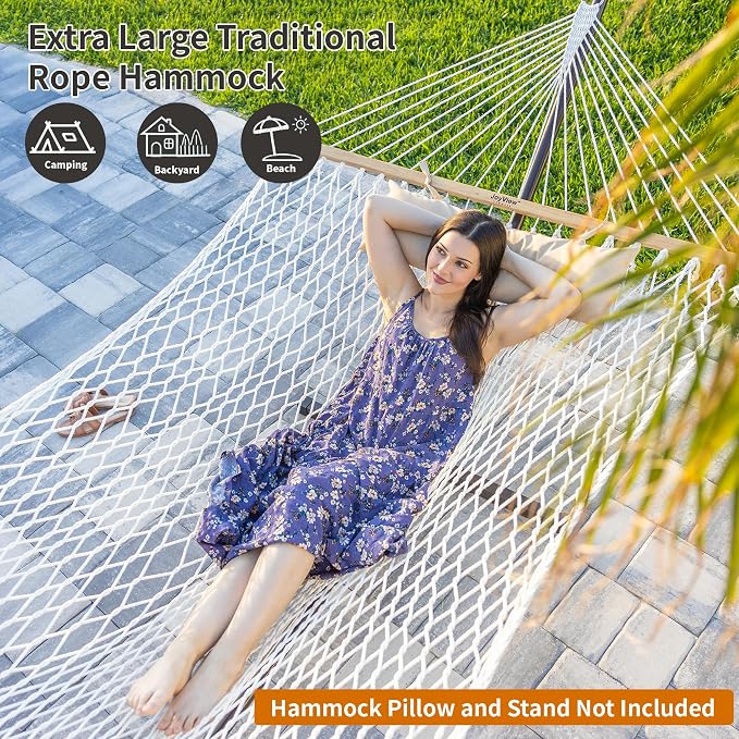 JoyView Traditional Rope Double Hammock - Hand Woven Polyester Hammock with Hardwood Spreader Bar 450lb Capacity for Outdoor Indoor Patio Yard - White