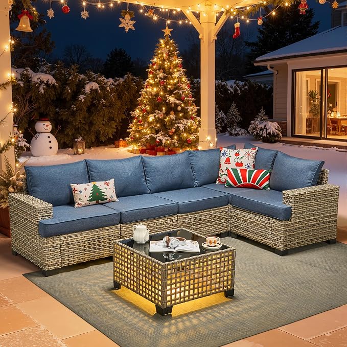 HOOOWOOO Sectional Patio Furniture Set with Solar Light Table,6 Pieces Wicker Outdoor Furniture L Shaped Couch,Outside Conversation Set with Extra Deep Seat Sofa Wide Arm,Dark Denim Blue
