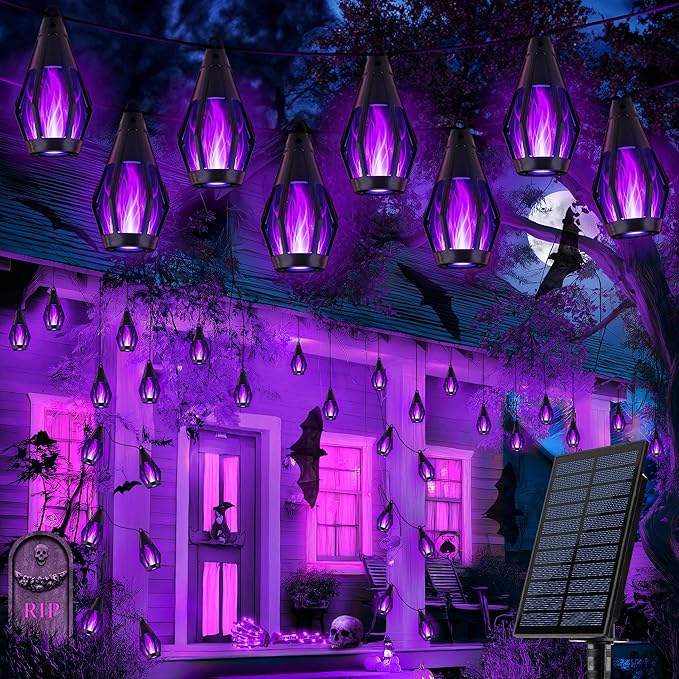 iBaycon 27FT 10 LED Solar Flame Halloween String Lights Outdoor, Purple | Ultra-Real Flickering Flame Lamp Outdoor Waterproof, Solar Patio String Lights for Garden Yard Lawn Halloween Decorations