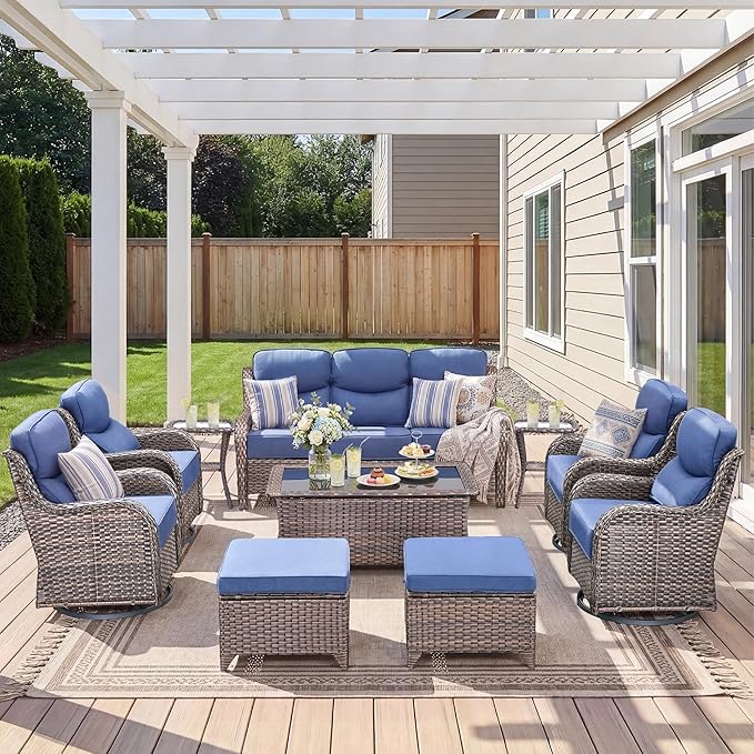 Luxury 10 Pieces Patio Furniture Set, Wicker Swivel Rocker Patio Chairs with 6" Thick Cushion, Outdoor Wicker Sofa with Coffee Table, All Weather Outdoor Conversation for Garden Porch(Brown/Blue)