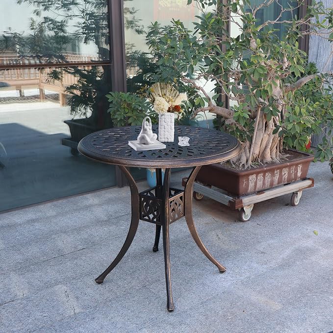 30 inches Patio Table with Umbrella Hole, Aluminum Round Bistro Table, Small Patio Furniture for Porch Backyard Outdoor (Bronze)