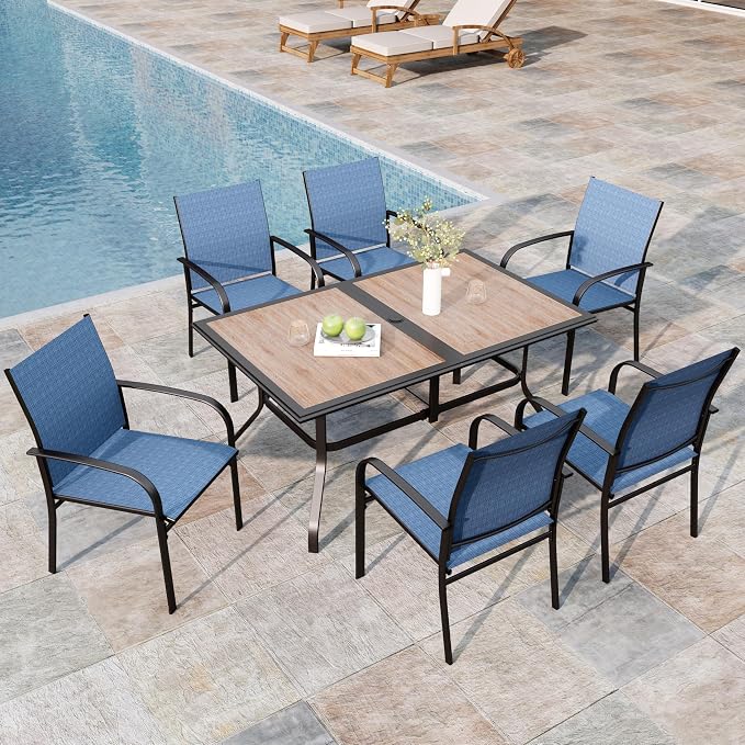 MIXPATIO 7 Pieces Patio Table and Chairs Set, Outdoor Dining Furniture Set for 6, 6 Blue Textilene Chairs and 61" Wood-Like Table Top with Umbrella Hole, for Deck Backyard Lawn